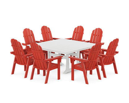 POLYWOOD® Vineyard Curveback Adirondack 9-Piece Square Farmhouse Dining Set with Trestle Legs in Sunset Red / White