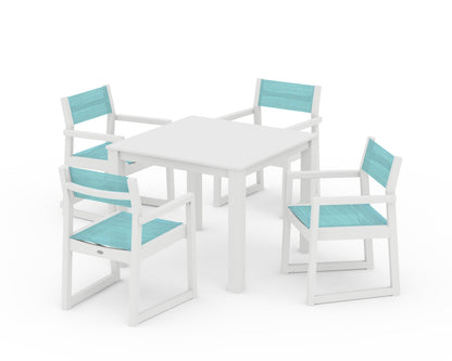 POLYWOOD® EDGE Sling Arm Chair 5-Piece Parsons Dining Set in White / Dupioni Aquamarine Sling