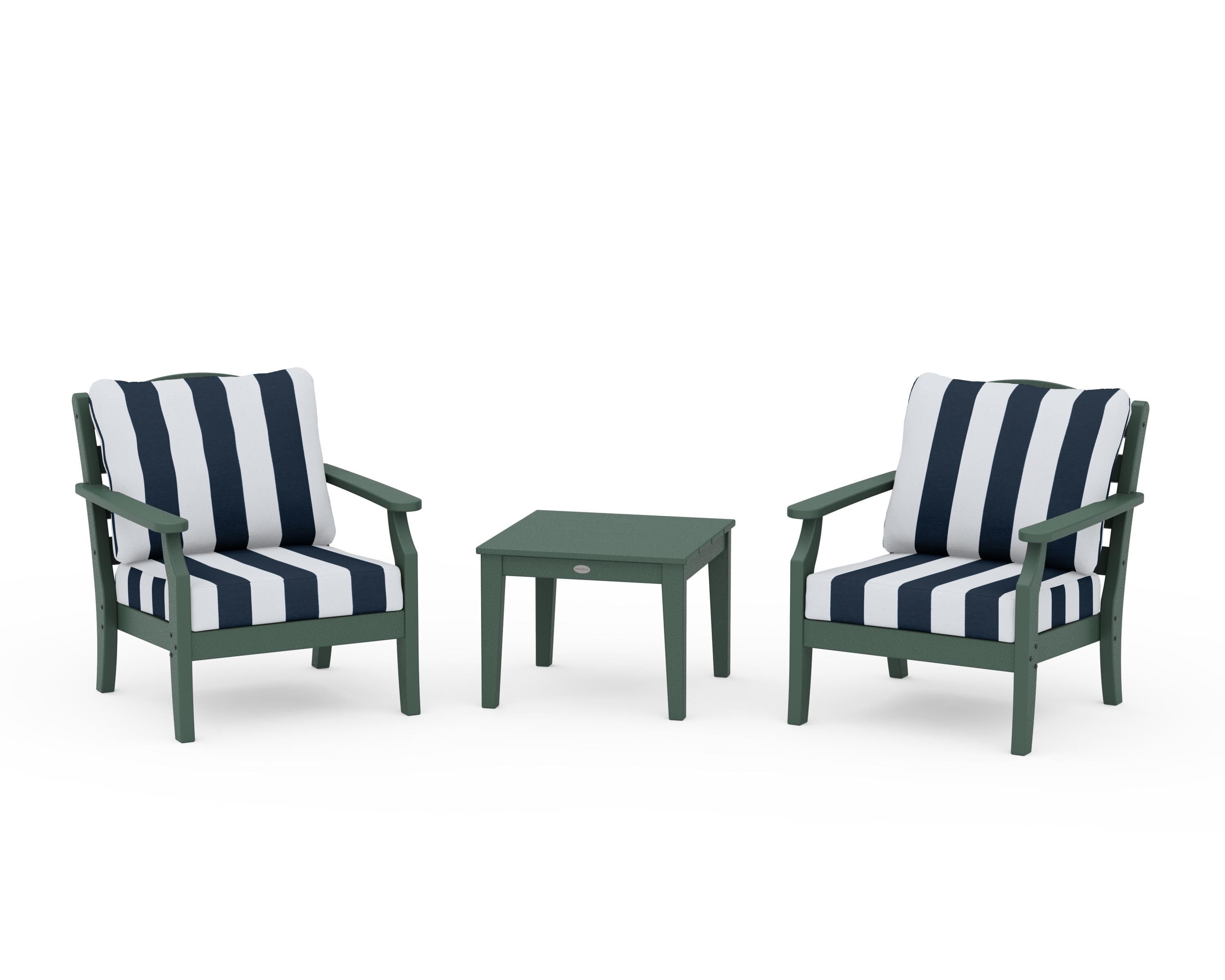 Draper James™ by  POLYWOOD® Savannah 3-Piece Deep Seating Set in Green / Cabana Stripe Marine Indigo