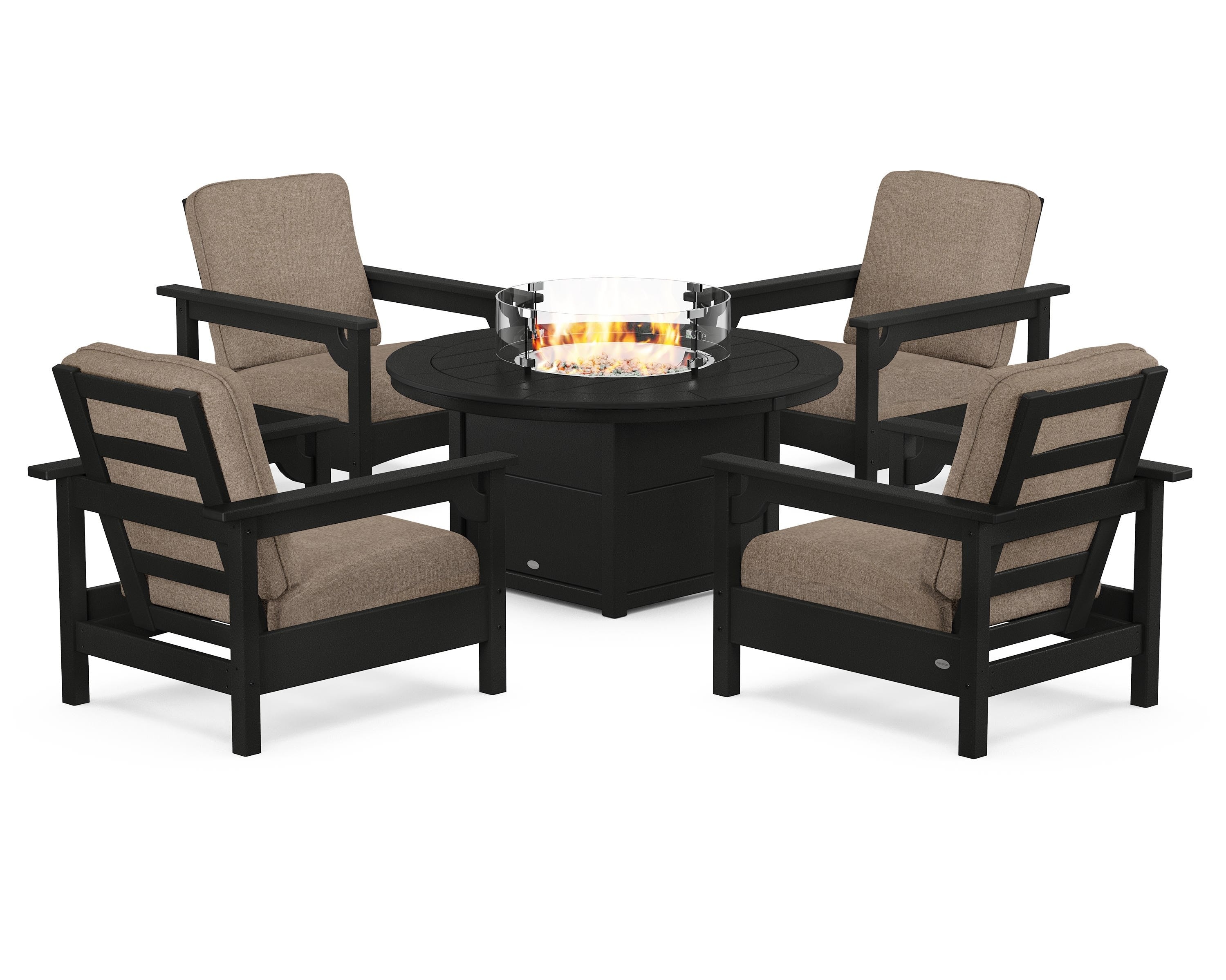 POLYWOOD® Club 5-Piece Conversation Set with Fire Pit Table in Black / Spiced Burlap