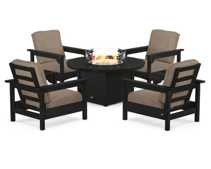 POLYWOOD® Club 5-Piece Conversation Set with Fire Pit Table in Black / Spiced Burlap