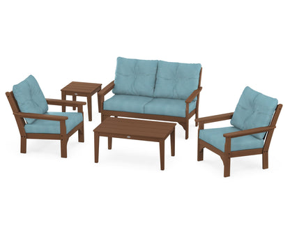 POLYWOOD® Vineyard 5-Piece Deep Seating Set in Teak / Lattice Sky Blue