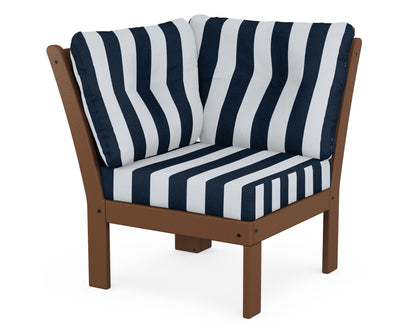 POLYWOOD® Vineyard Modular Corner Chair in Teak / Cabana Stripe Marine Indigo