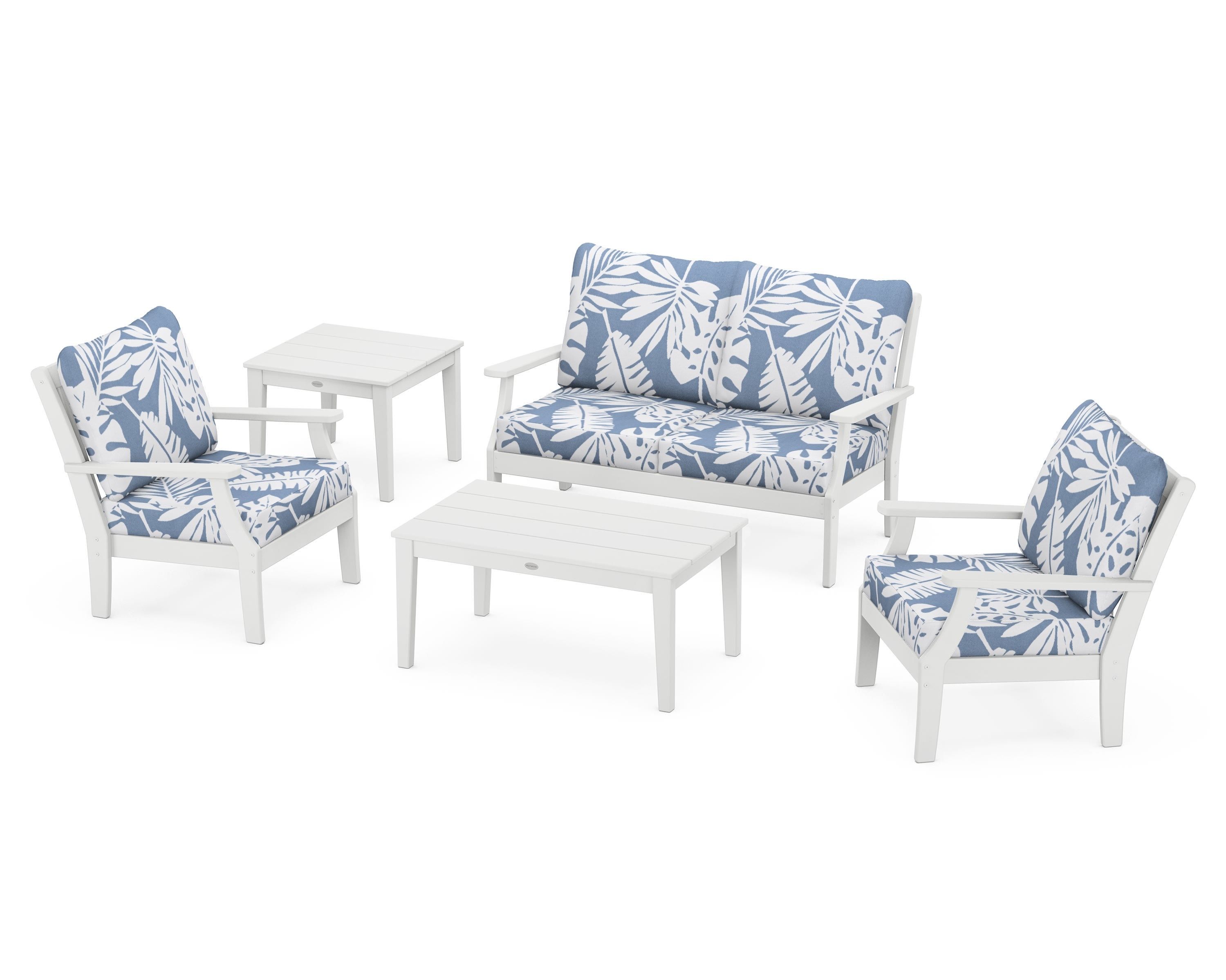 POLYWOOD® Braxton 5-Piece Deep Seating Set in White / Leaf Sky Blue