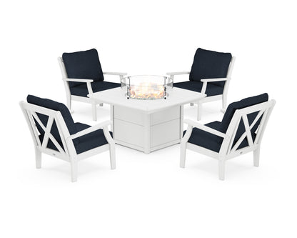 POLYWOOD® Braxton 5-Piece Deep Seating Conversation Set with Fire Pit Table in White / Marine Indigo