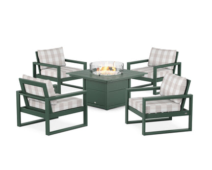 POLYWOOD® EDGE Sectional 5-Piece Deep Seating Set with Fire Pit Table in Green / Buffalo Plaid Dune Burlap