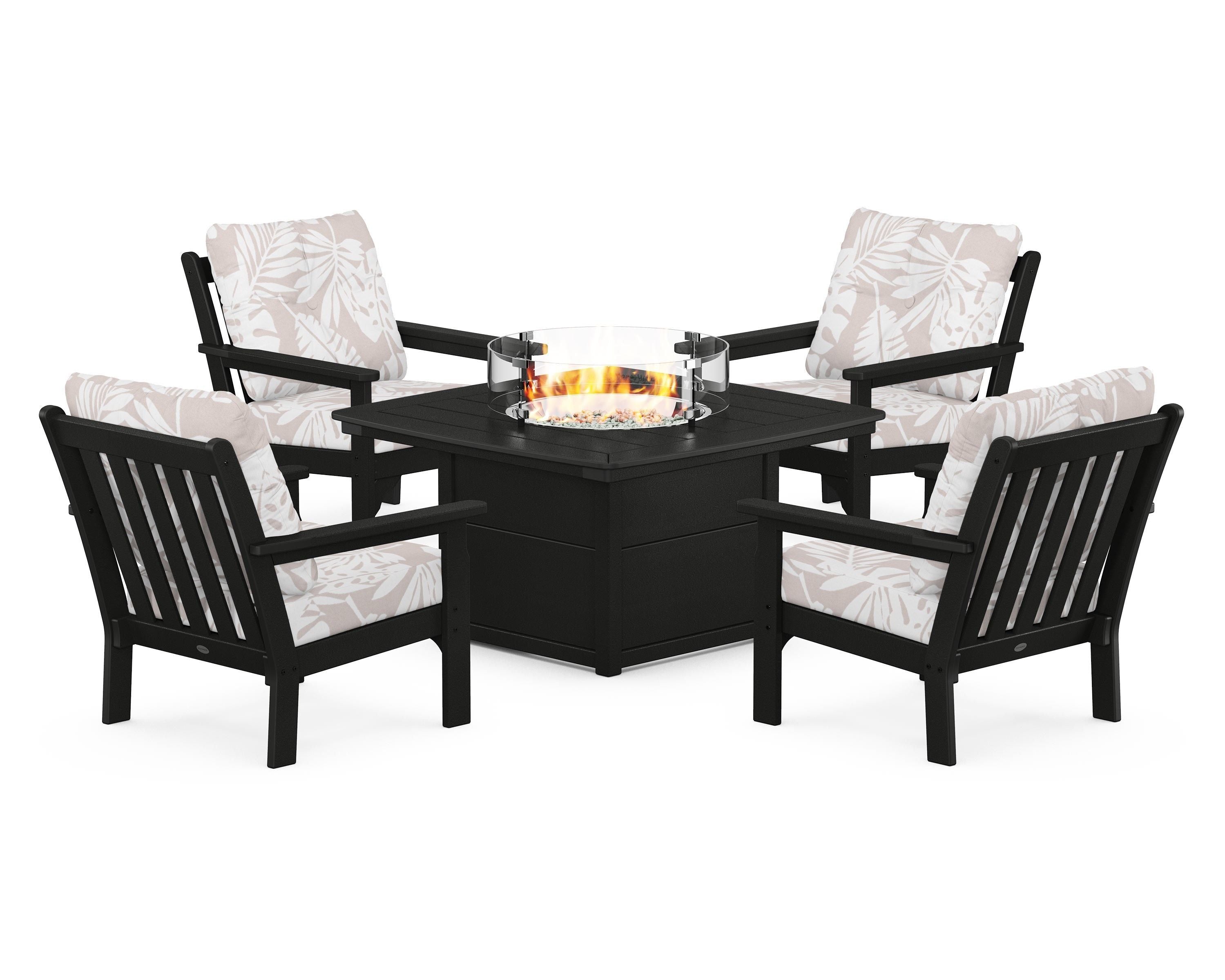 POLYWOOD® Vineyard 5-Piece Conversation Set with Fire Pit Table in Black / Leaf Dune Burlap