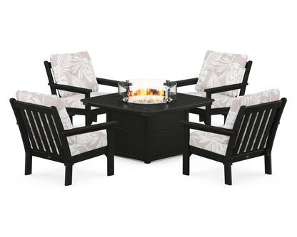 POLYWOOD® Vineyard 5-Piece Conversation Set with Fire Pit Table in Black / Leaf Dune Burlap