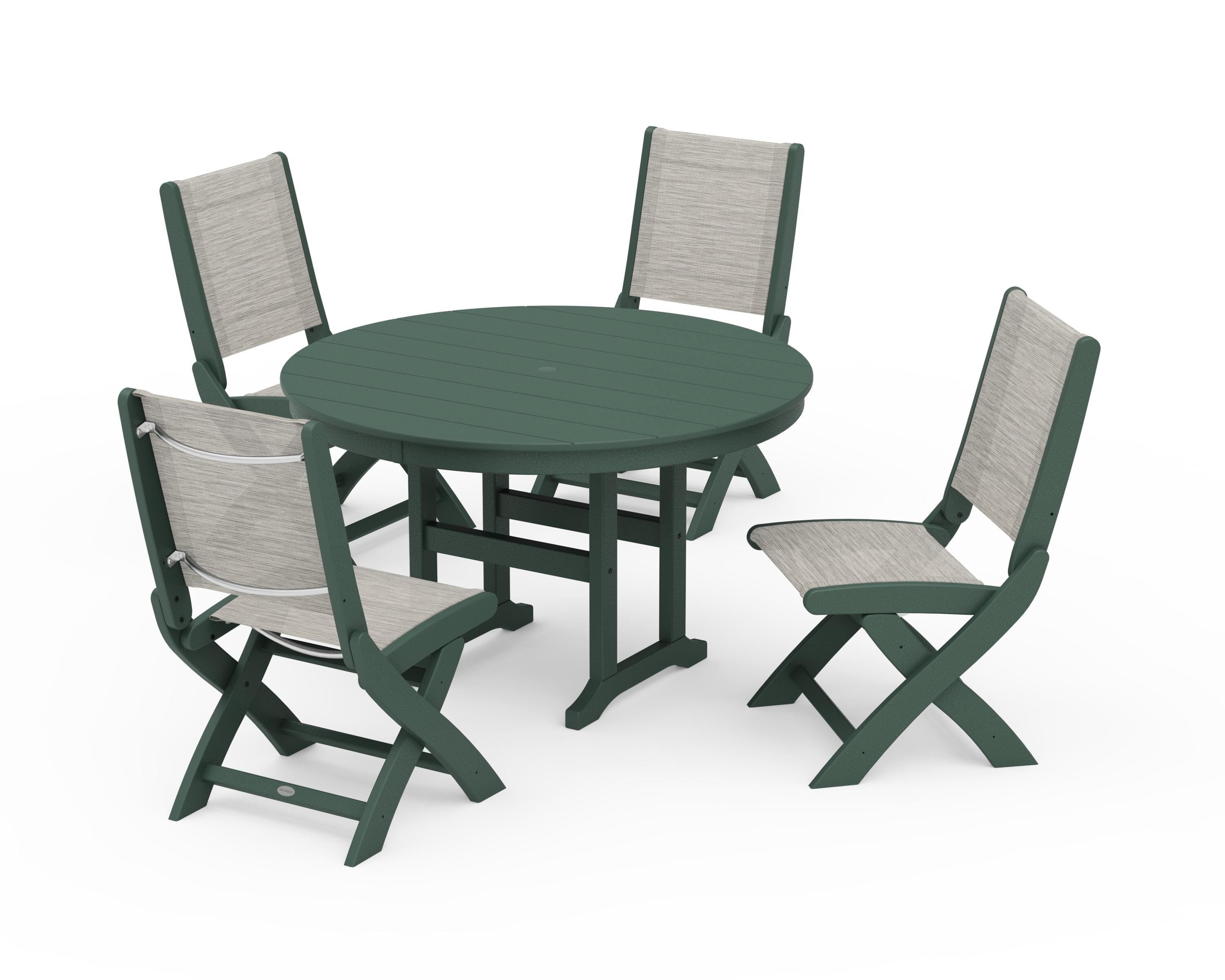 POLYWOOD® Coastal Folding Side Chair 5-Piece Round Dining Set in Green / Birch Sling