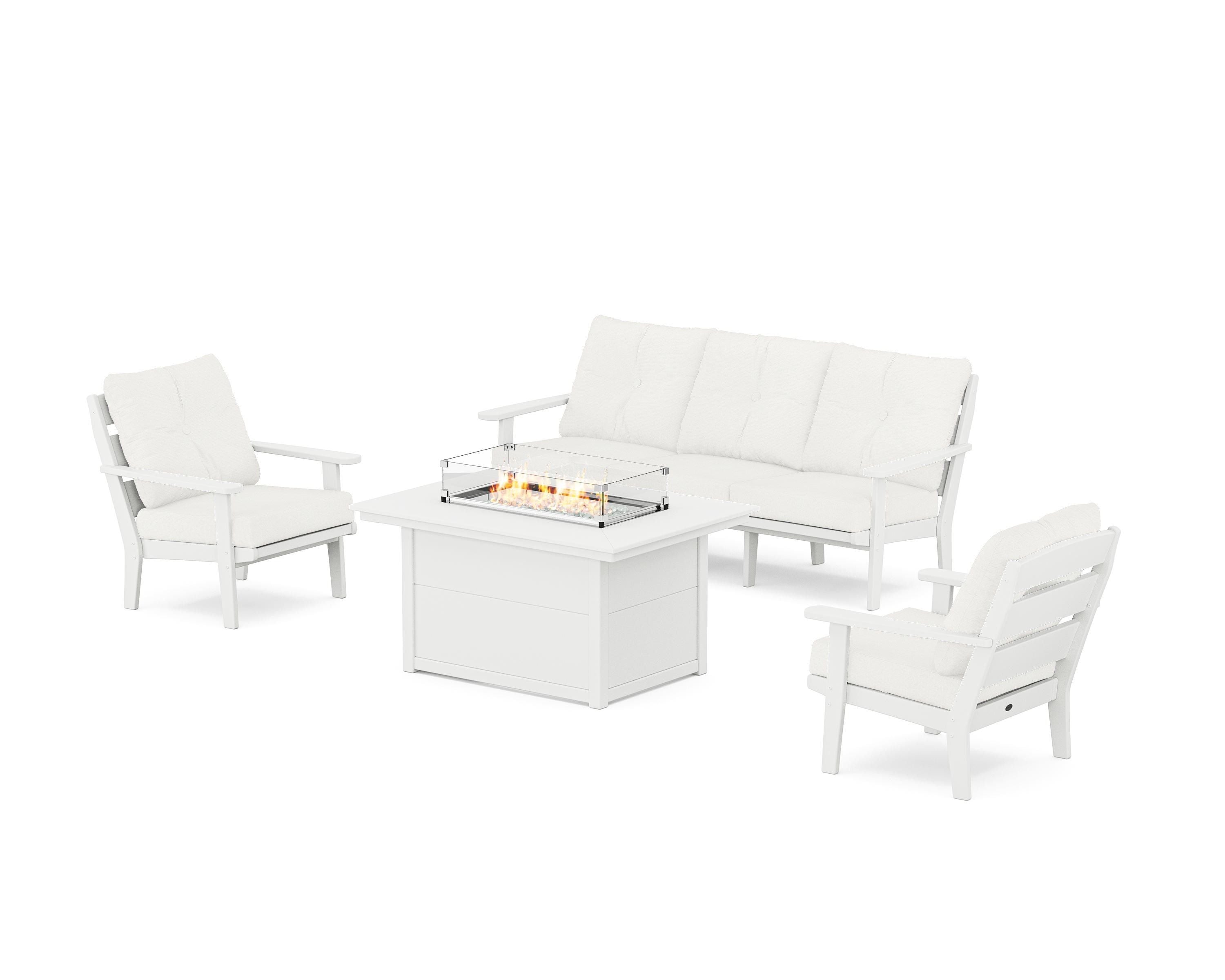POLYWOOD® Lakeside Deep Seating Fire Pit Table Set in White / Natural Linen