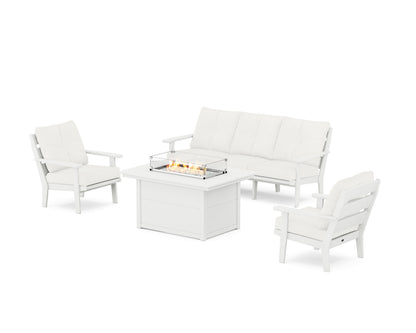 POLYWOOD® Lakeside Deep Seating Fire Pit Table Set in White / Natural Linen