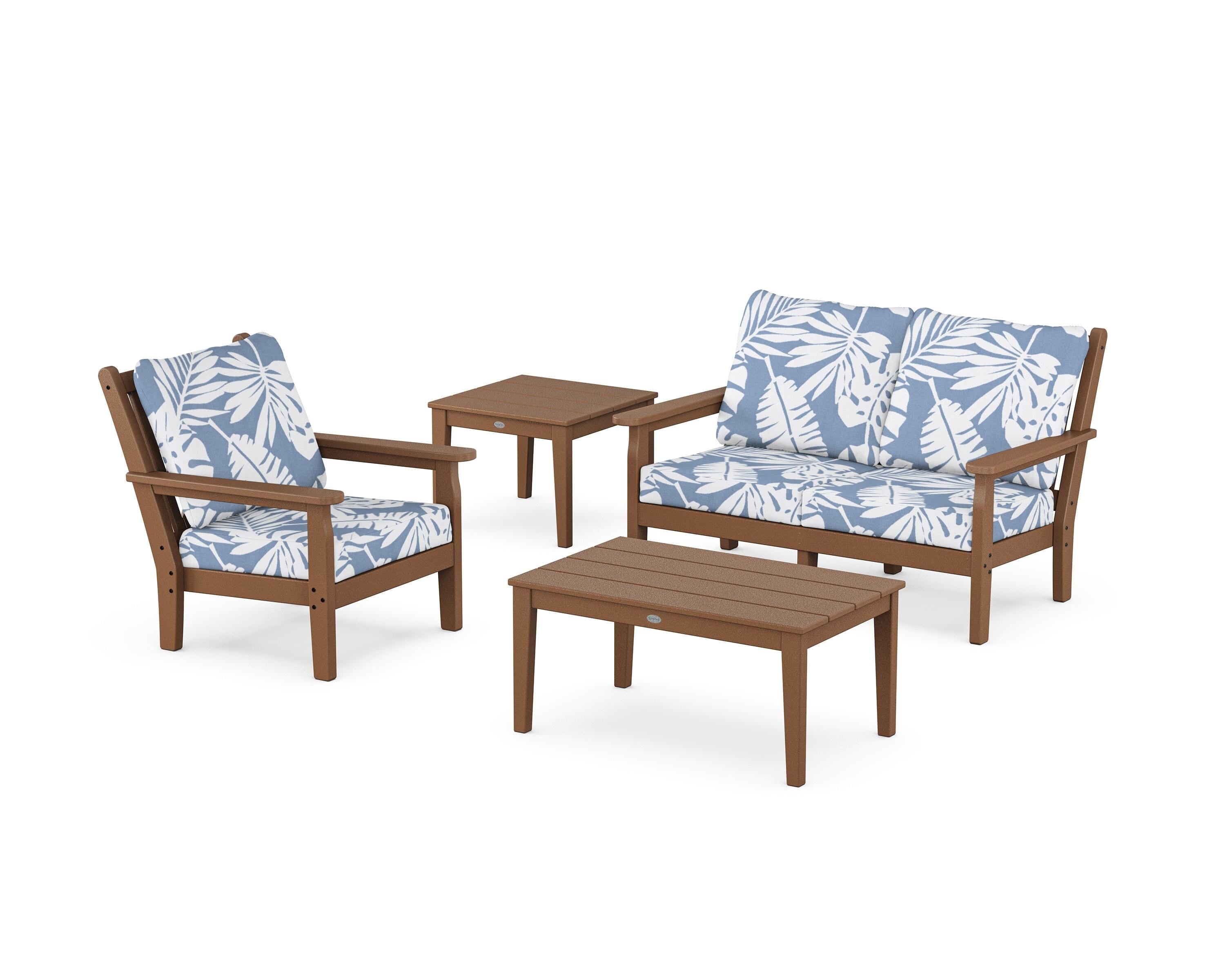 POLYWOOD® Chippendale 4-Piece Deep Seating Set in Teak / Leaf Sky Blue