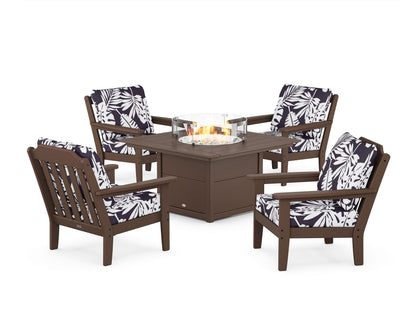 Country Living Cottage 5-Piece Deep Seating Set with Fire Pit Table in Mahogany / Leaf Navy