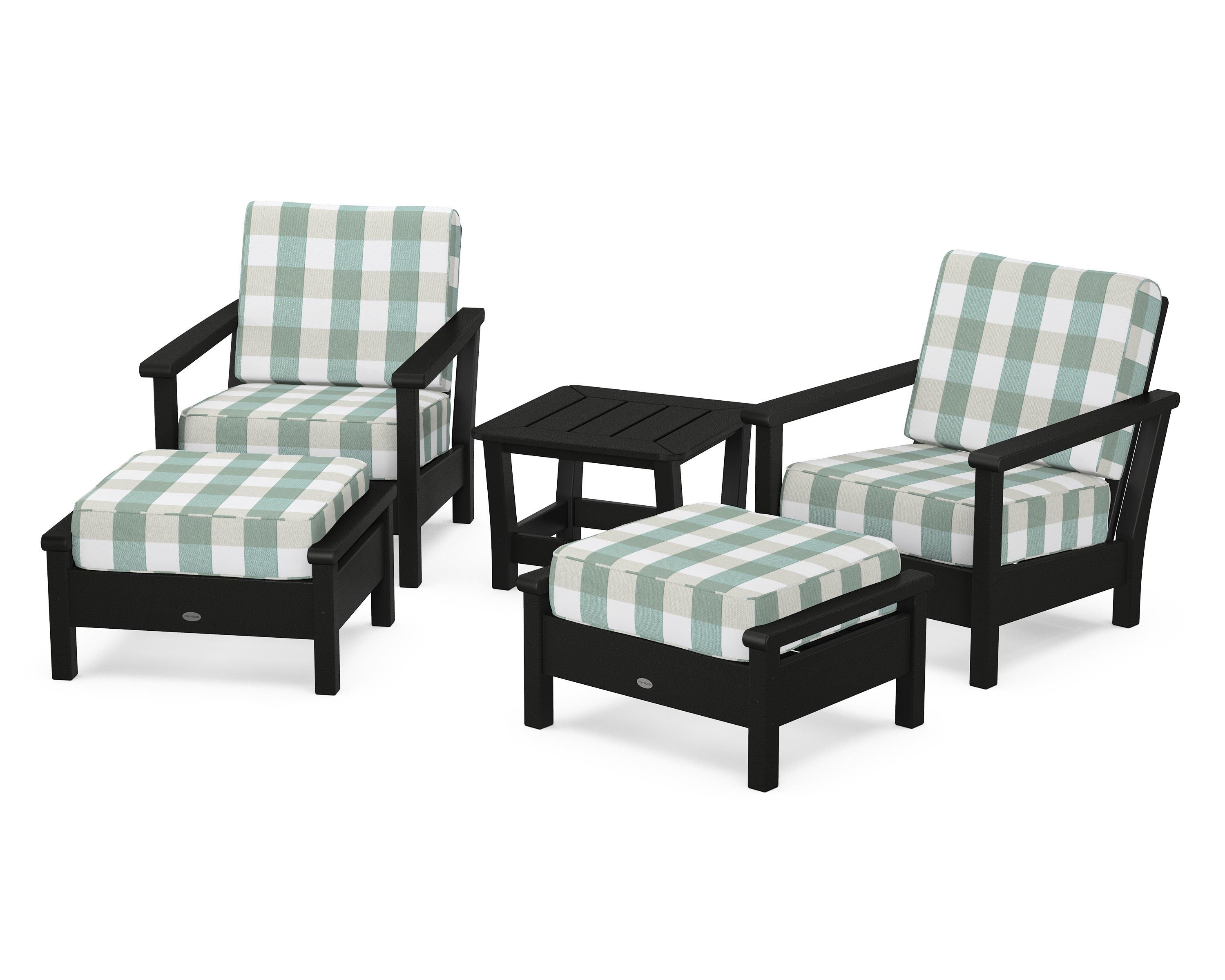 POLYWOOD® Harbour 5-Piece Deep Seating Chair Set in Black / Buffalo Plaid Glacier Spa