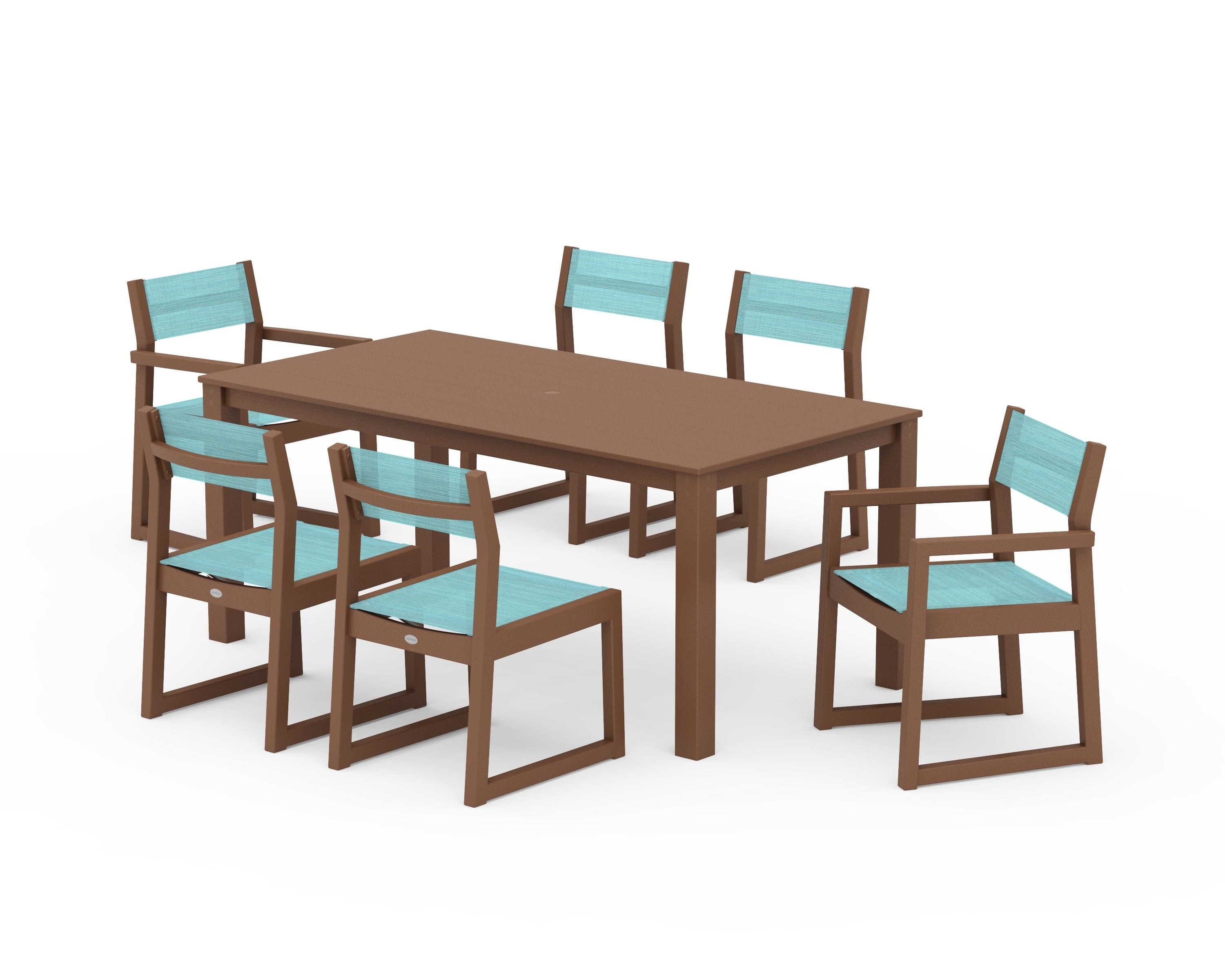POLYWOOD® EDGE Sling 7-Piece Parsons Dining Set in Teak / Dupioni Aquamarine Sling