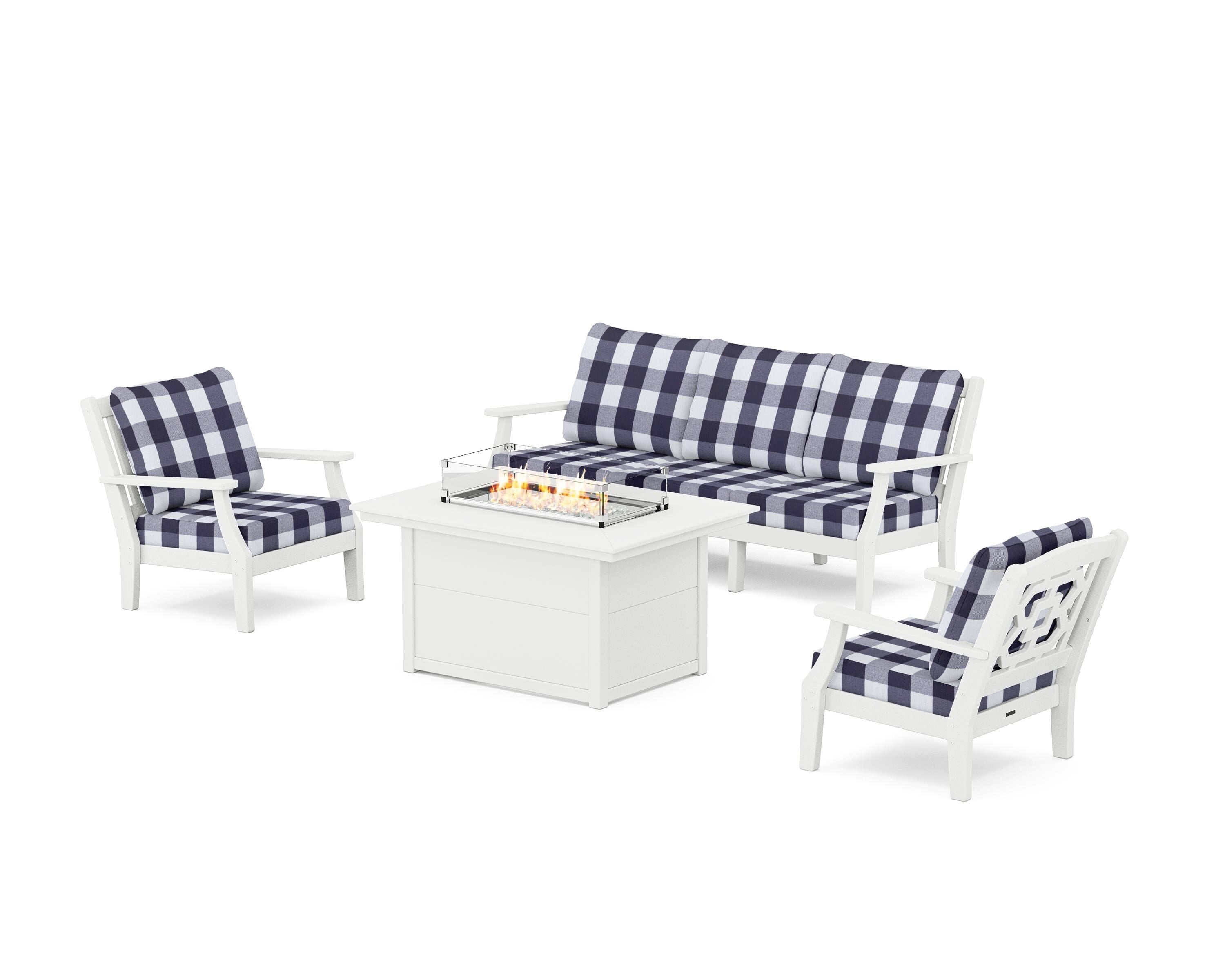 Martha Stewart by POLYWOOD® Chinoiserie Deep Seating Fire Pit Table Set in White / Buffalo Plaid Navy