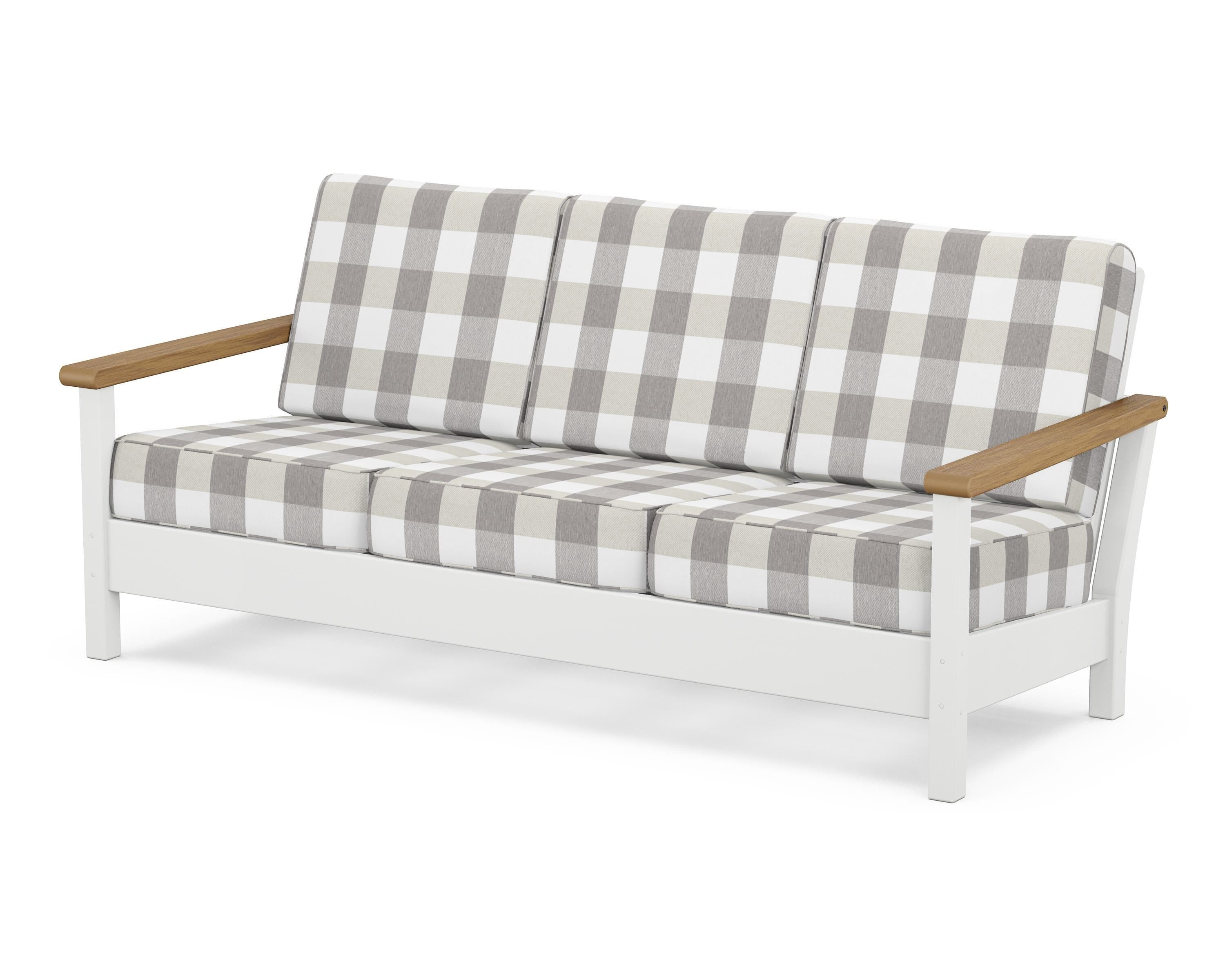 POLYWOOD® Harbour Deep Seating Sofa in White / Natural / Buffalo Plaid Grey Mist