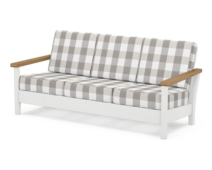 POLYWOOD® Harbour Deep Seating Sofa in White / Natural / Buffalo Plaid Grey Mist