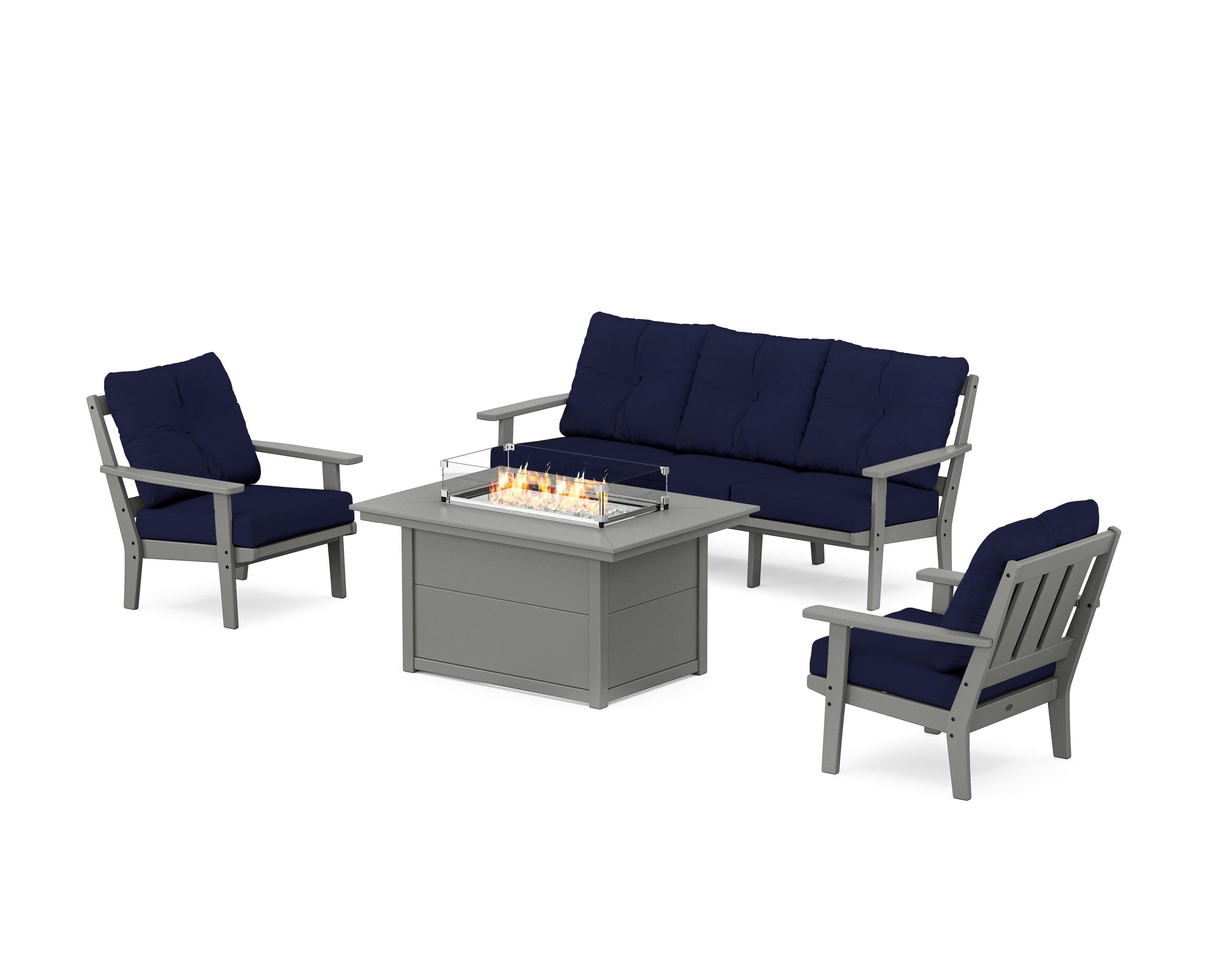 POLYWOOD® Oxford Deep Seating Fire Pit Table Set in Slate Grey / Navy