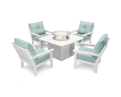 POLYWOOD® Vineyard 5-Piece Conversation Set with Fire Pit Table in White / Spa