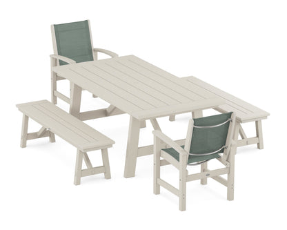 POLYWOOD® Coastal 5-Piece Rustic Farmhouse Dining Set With Benches in Sand / Dupioni Sea Mist Sling