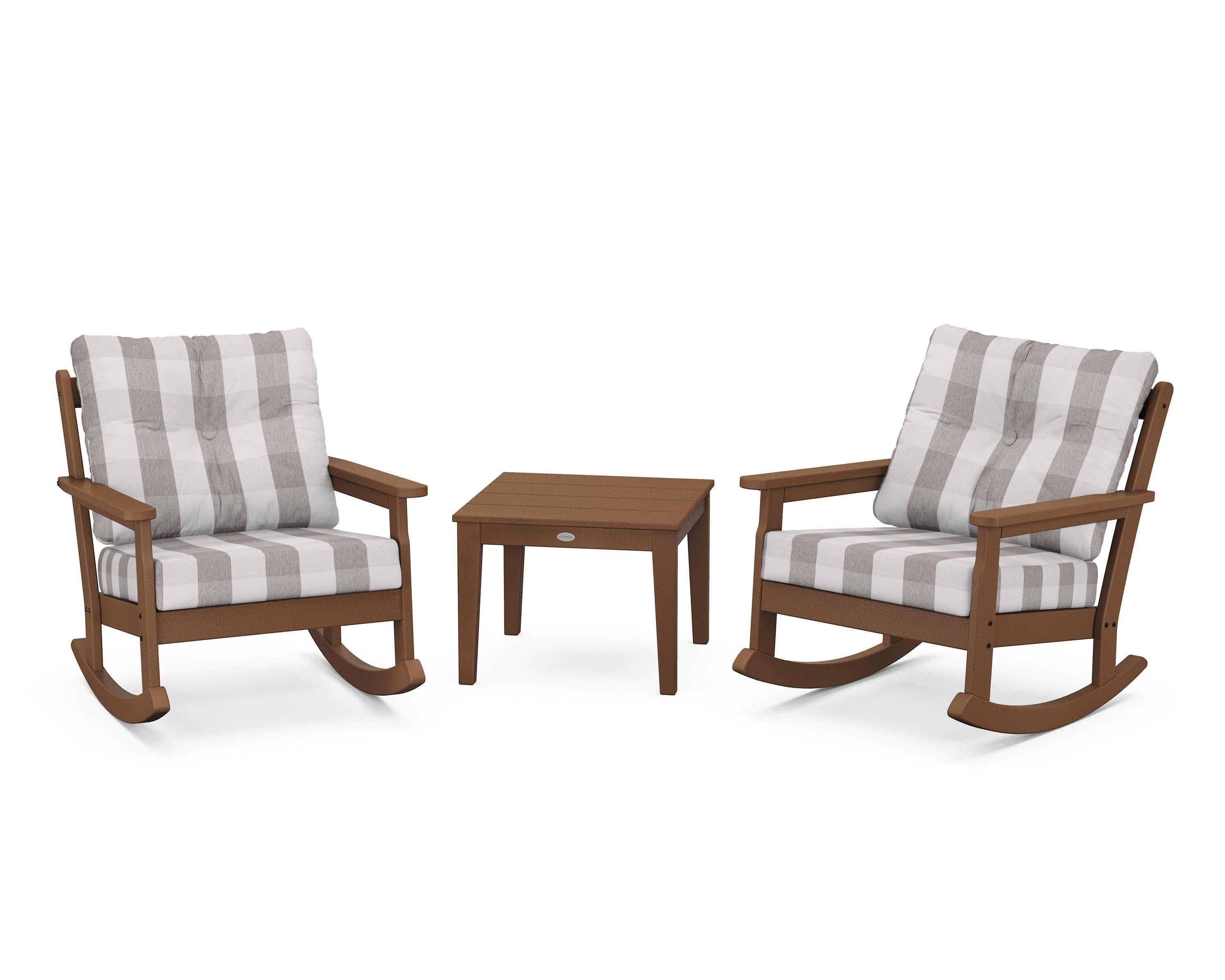 POLYWOOD® Vineyard 3-Piece Deep Seating Rocker Set in Teak / Buffalo Plaid Grey Mist
