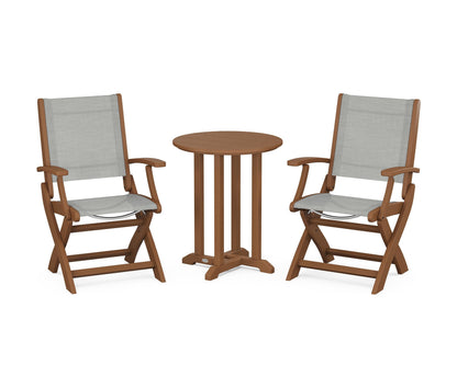 POLYWOOD® Coastal Folding 3-Piece Round Bistro Dining Set in Teak / Metallic Sling