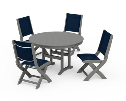 POLYWOOD® Coastal Folding Side Chair 5-Piece Round Dining Set in Slate Grey / Navy Blue Sling