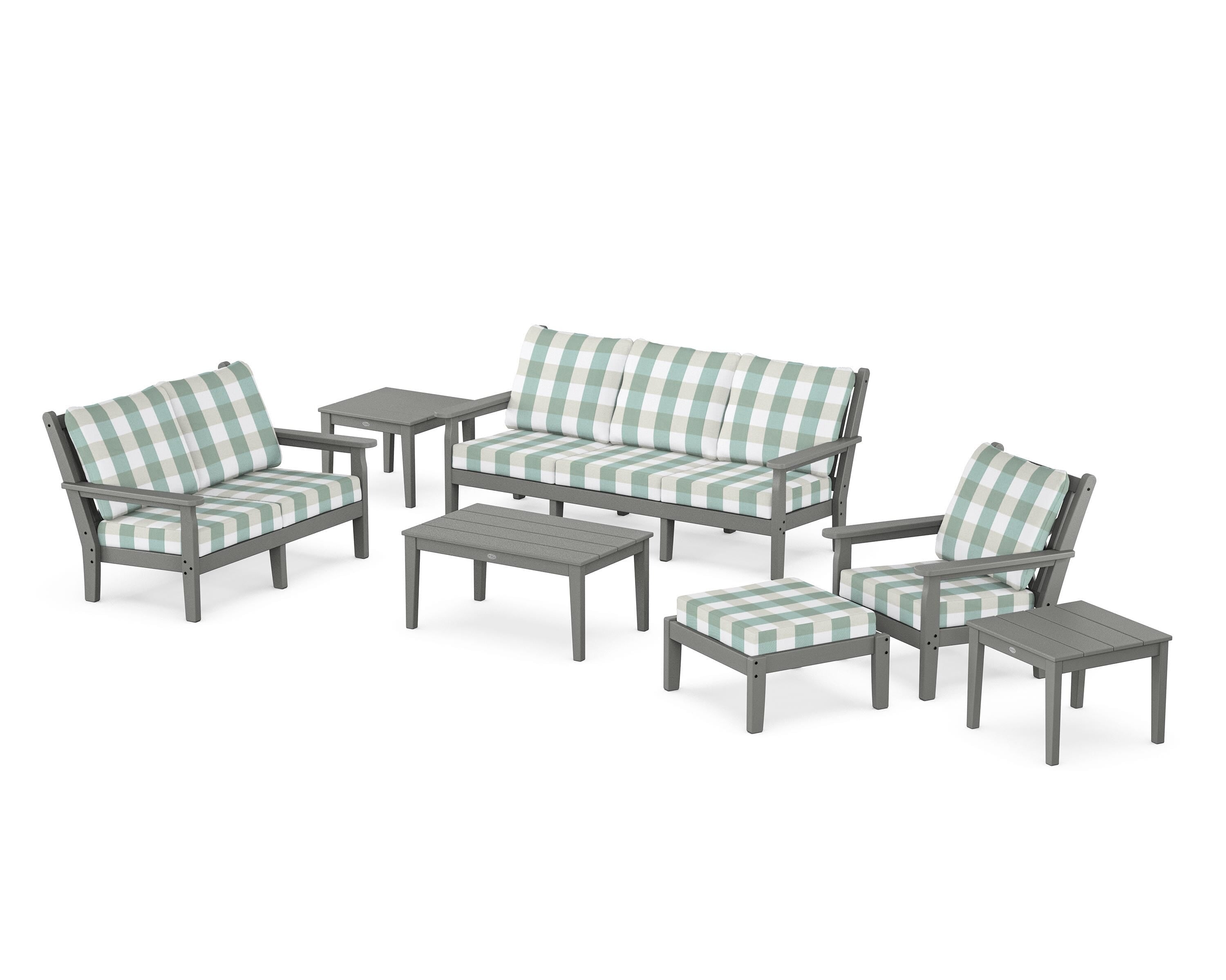 POLYWOOD® Chippendale 7-Piece Deep Seating Set in Slate Grey / Buffalo Plaid Glacier Spa