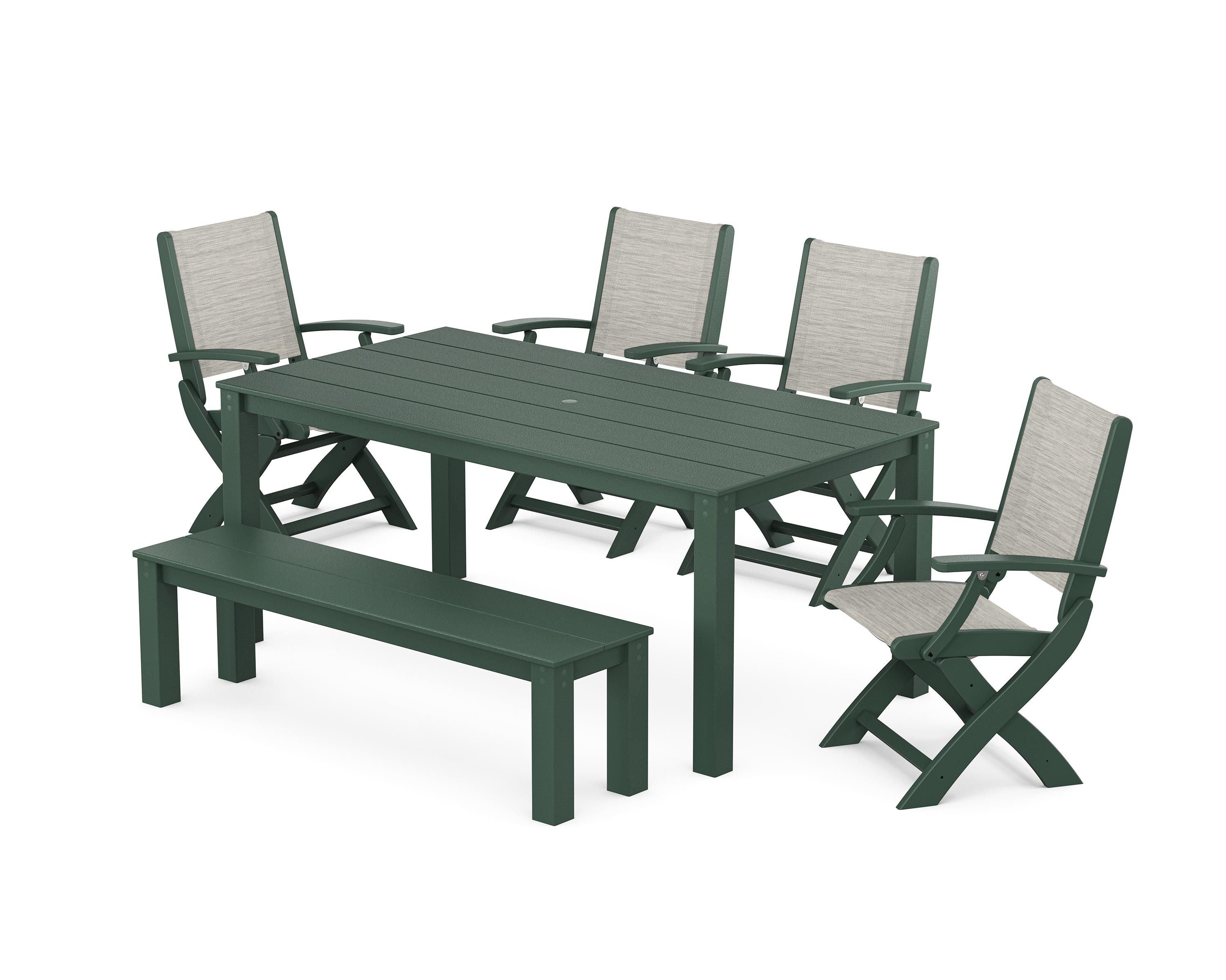 POLYWOOD® Coastal Folding Chair 6-Piece Parsons Dining Set with Bench in Green / Birch Sling