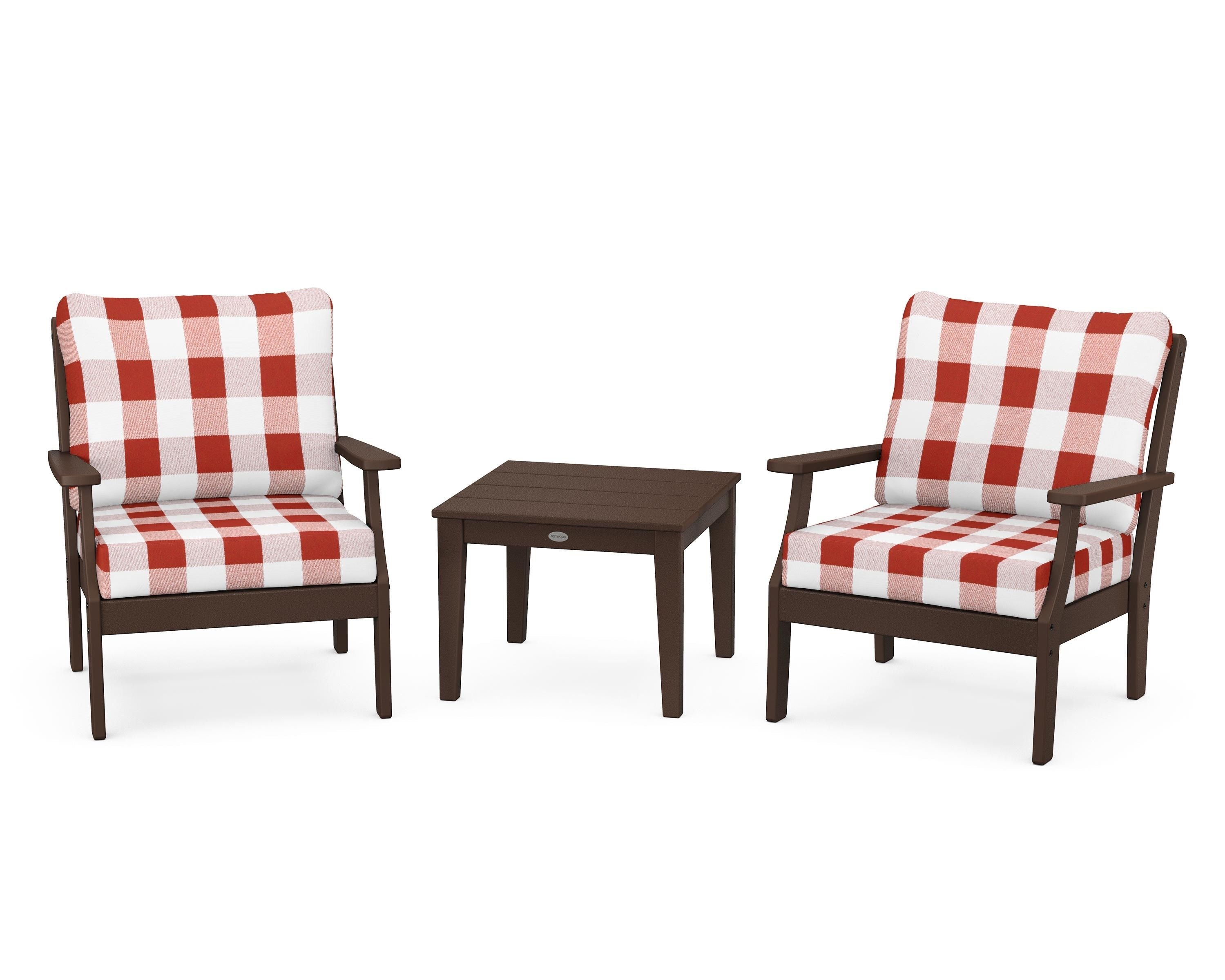 POLYWOOD® Braxton 3-Piece Deep Seating Set in Mahogany / Buffalo Plaid Crimson