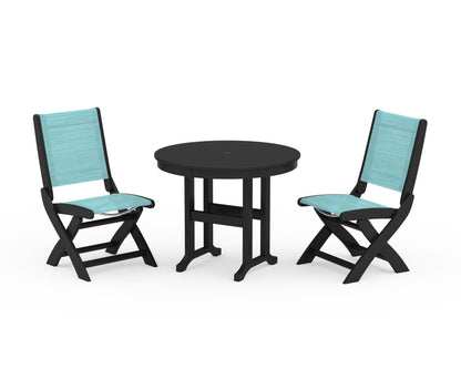POLYWOOD® Coastal Folding Side Chair 3-Piece Round Dining Set in Black / Dupioni Aquamarine Sling