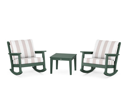 POLYWOOD® Chippendale 3-Piece Deep Seating Rocker Set in Green / Cabana Stripe Dune Burlap