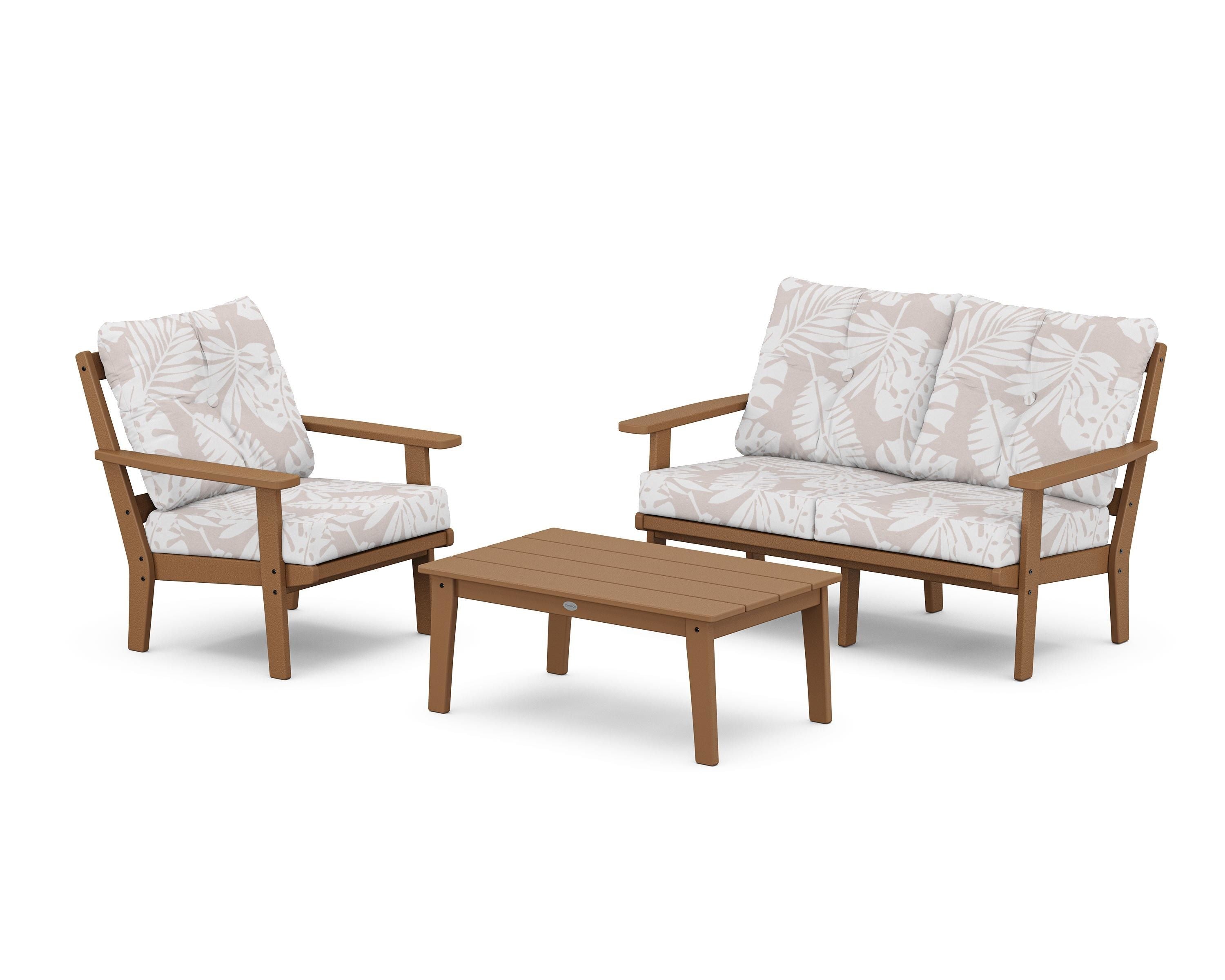 POLYWOOD® Oxford 3-Piece Deep Seating Set with Loveseat in Teak / Leaf Dune Burlap