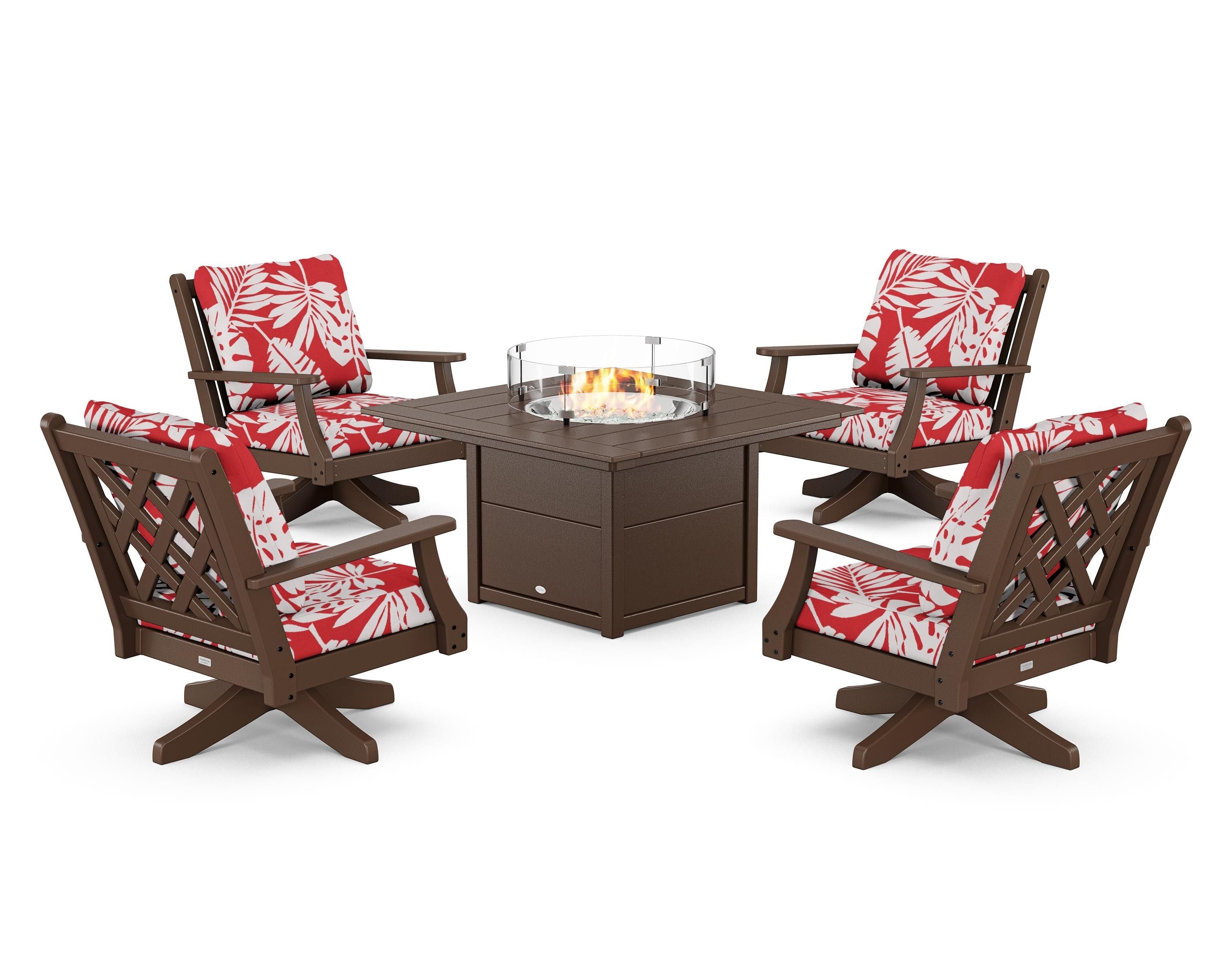 Country Living Wovendale 5-Piece Deep Seating Swivel Conversation Set with Fire Pit Table in Mahogany / Leaf Crimson