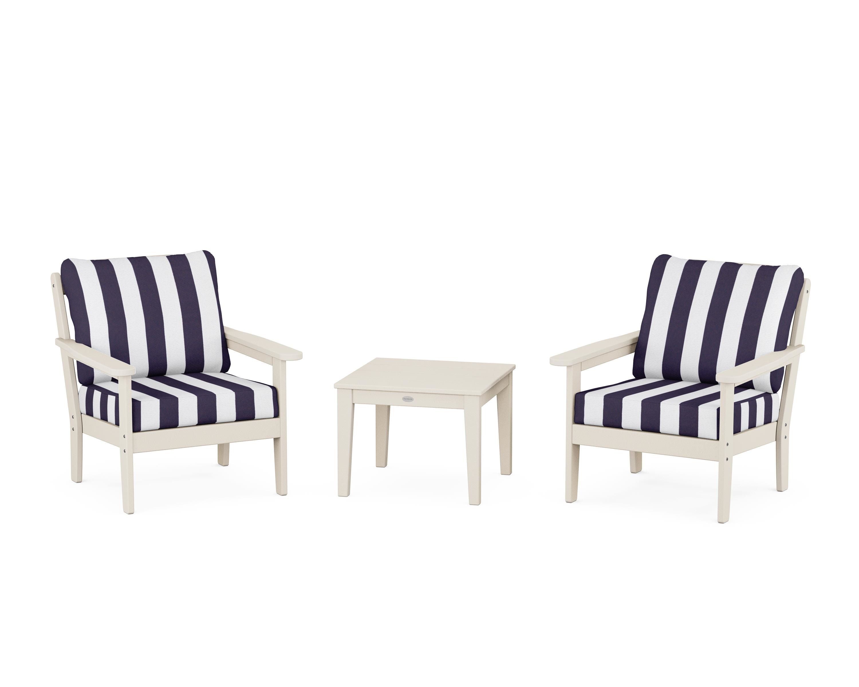 Country Living Cottage 3-Piece Deep Seating Set in Sand / Cabana Stripe Navy