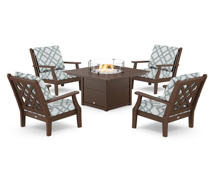 Country Living Wovendale 5-Piece Deep Seating Set with Fire Pit Table in Mahogany / Trellis Glacier Spa