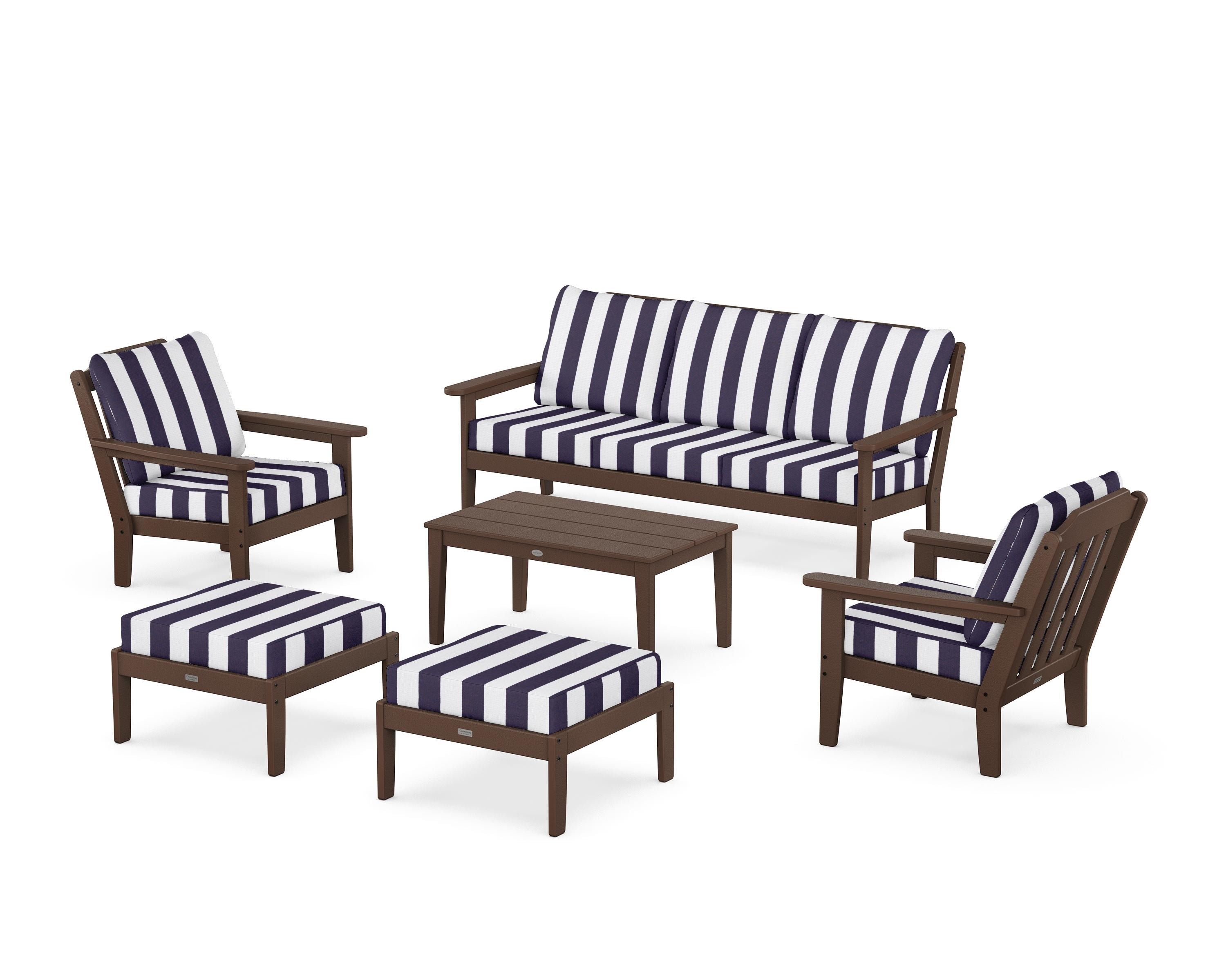 Country Living Cottage 6-Piece Lounge Sofa Set in Mahogany / Cabana Stripe Navy