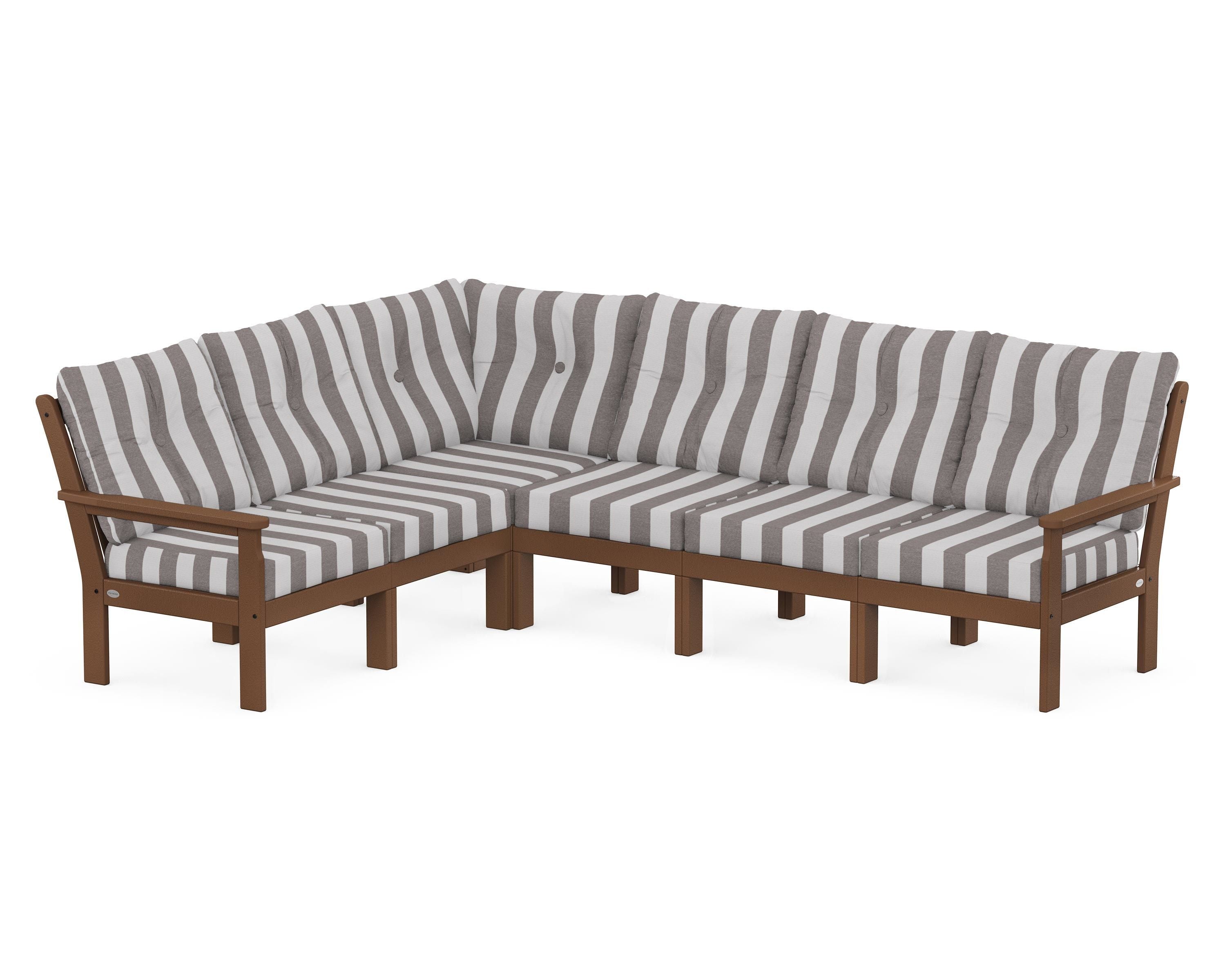 POLYWOOD® Vineyard 6-Piece Sectional in Teak / Cabana Stripe Grey Mist
