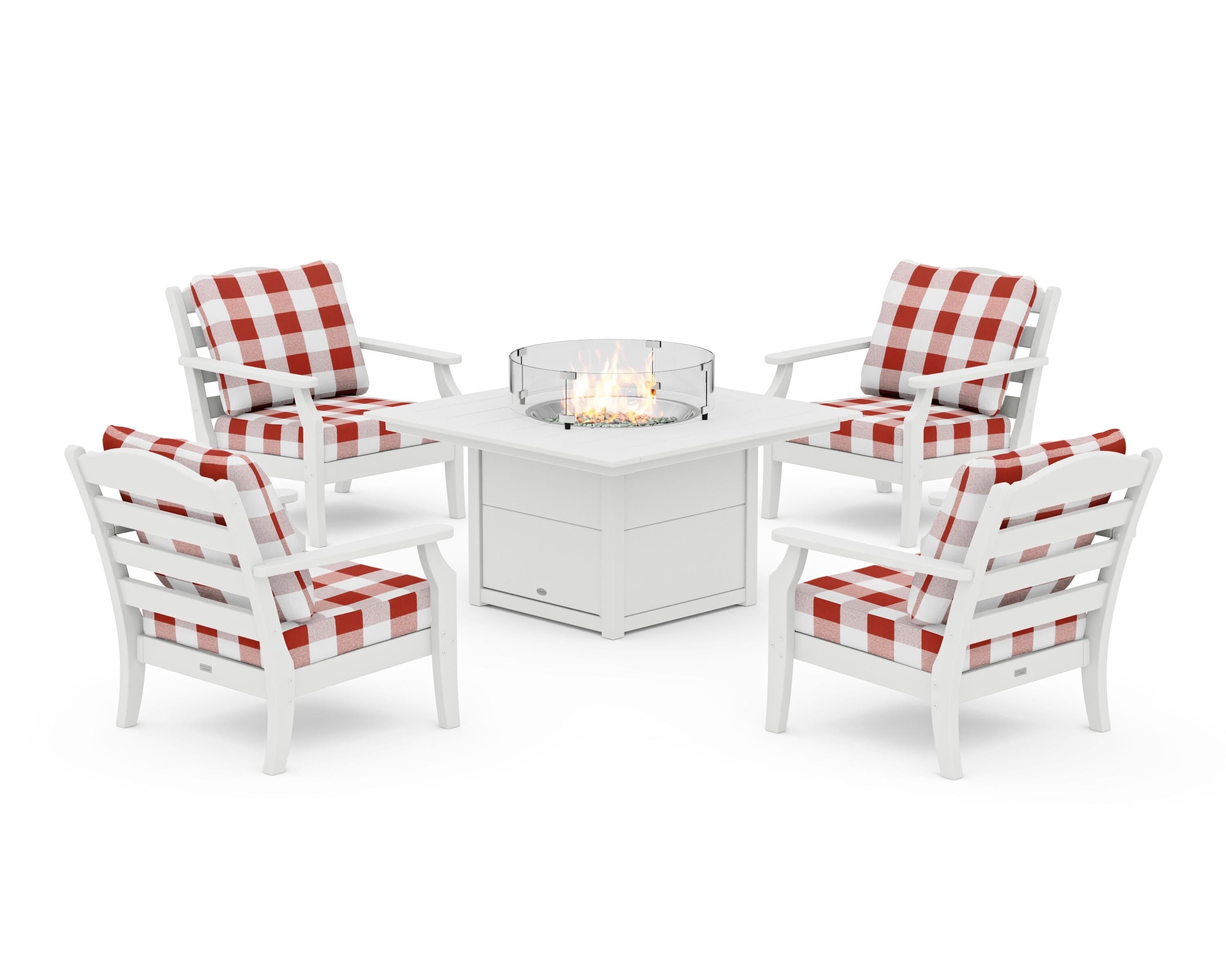 Draper James™ by  POLYWOOD® Savannah 5-Piece Deep Seating Set with Fire Pit Table in White / Buffalo Plaid Crimson