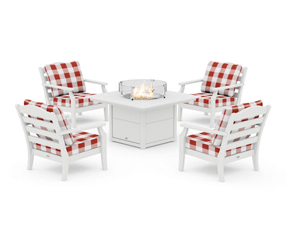 Draper James™ by  POLYWOOD® Savannah 5-Piece Deep Seating Set with Fire Pit Table in White / Buffalo Plaid Crimson