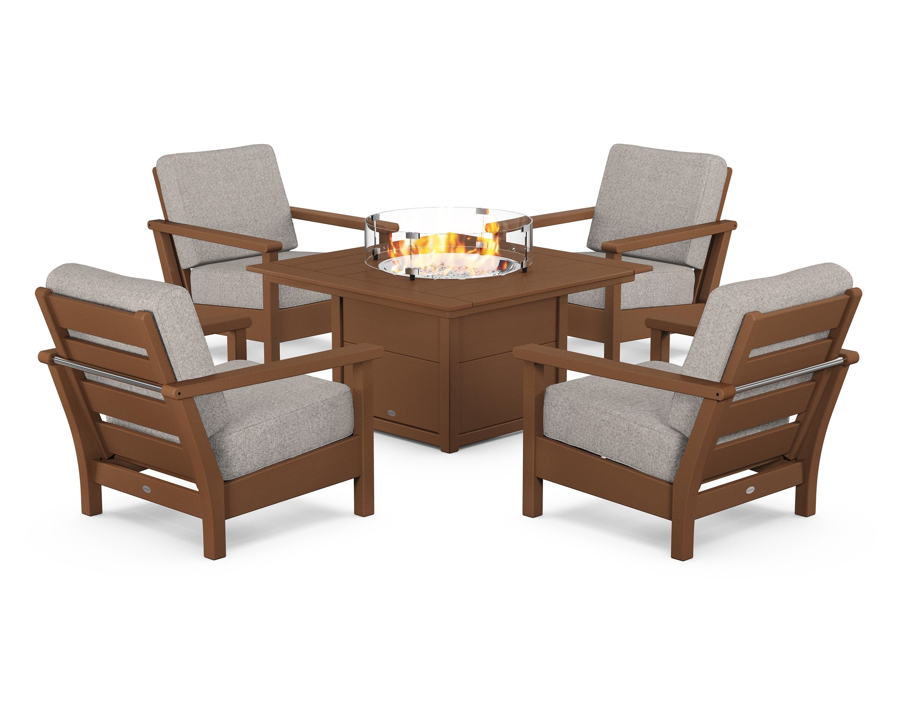 POLYWOOD® Harbour 5-Piece Conversation Set with Fire Pit Table in Teak / Weathered Tweed