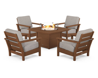 POLYWOOD® Harbour 5-Piece Conversation Set with Fire Pit Table in Teak / Weathered Tweed