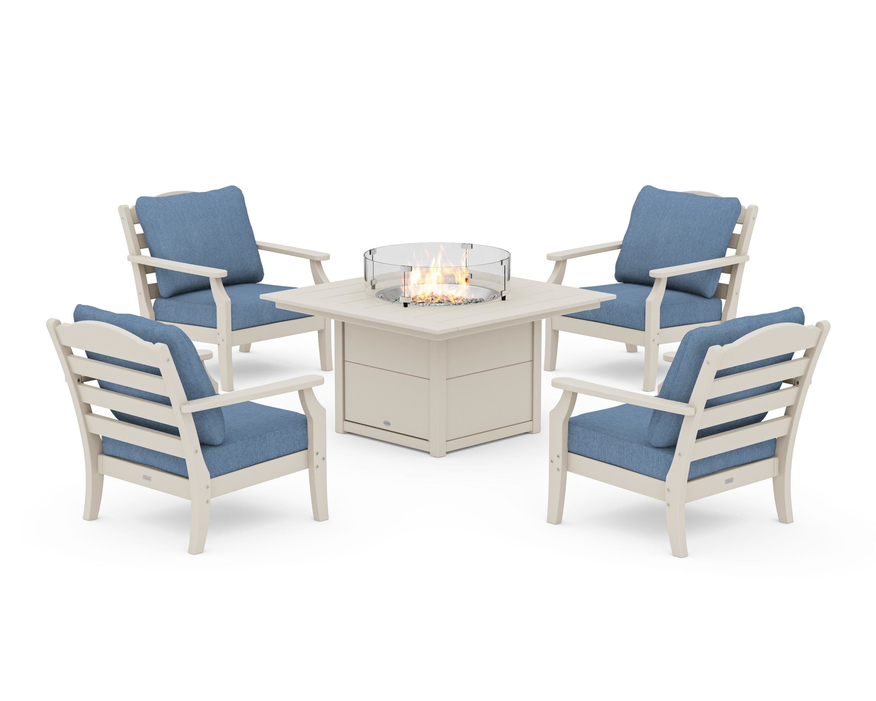 Draper James™ by  POLYWOOD® Savannah 5-Piece Deep Seating Set with Fire Pit Table in Sand / Sky Blue