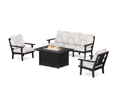 POLYWOOD® Prairie Deep Seating Fire Pit Table Set in Black / Leaf Dune Burlap