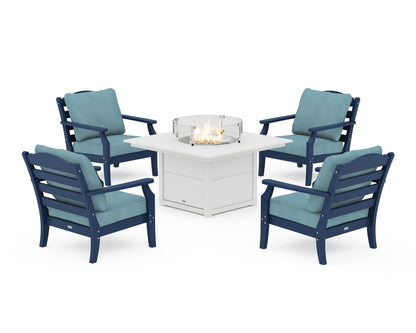 Draper James™ by  POLYWOOD® Savannah 5-Piece Deep Seating Set with Fire Pit Table in Navy / Lattice Sky Blue