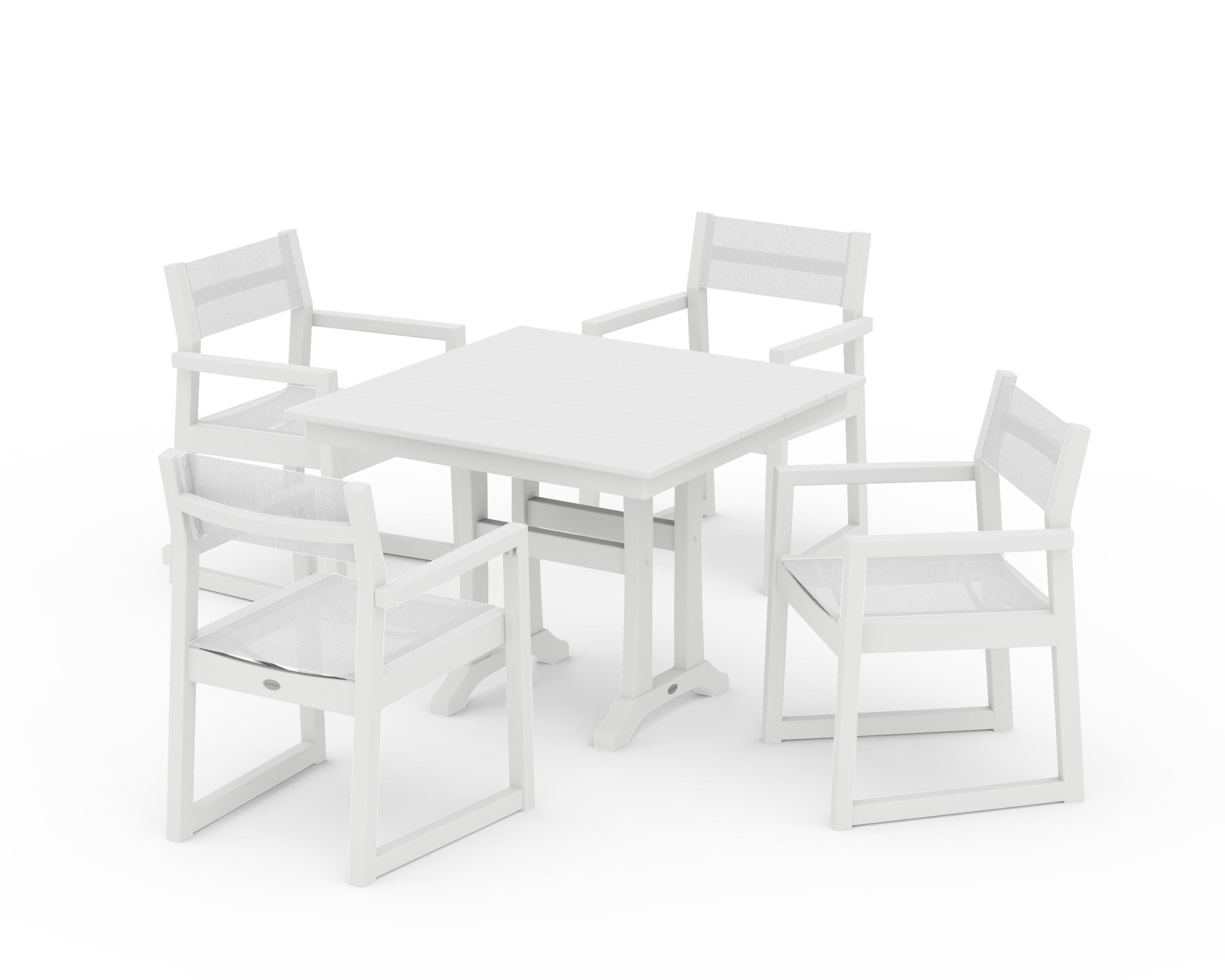 POLYWOOD® EDGE Sling 5-Piece Farmhouse Dining Set with Trestle Legs in White / White Sling