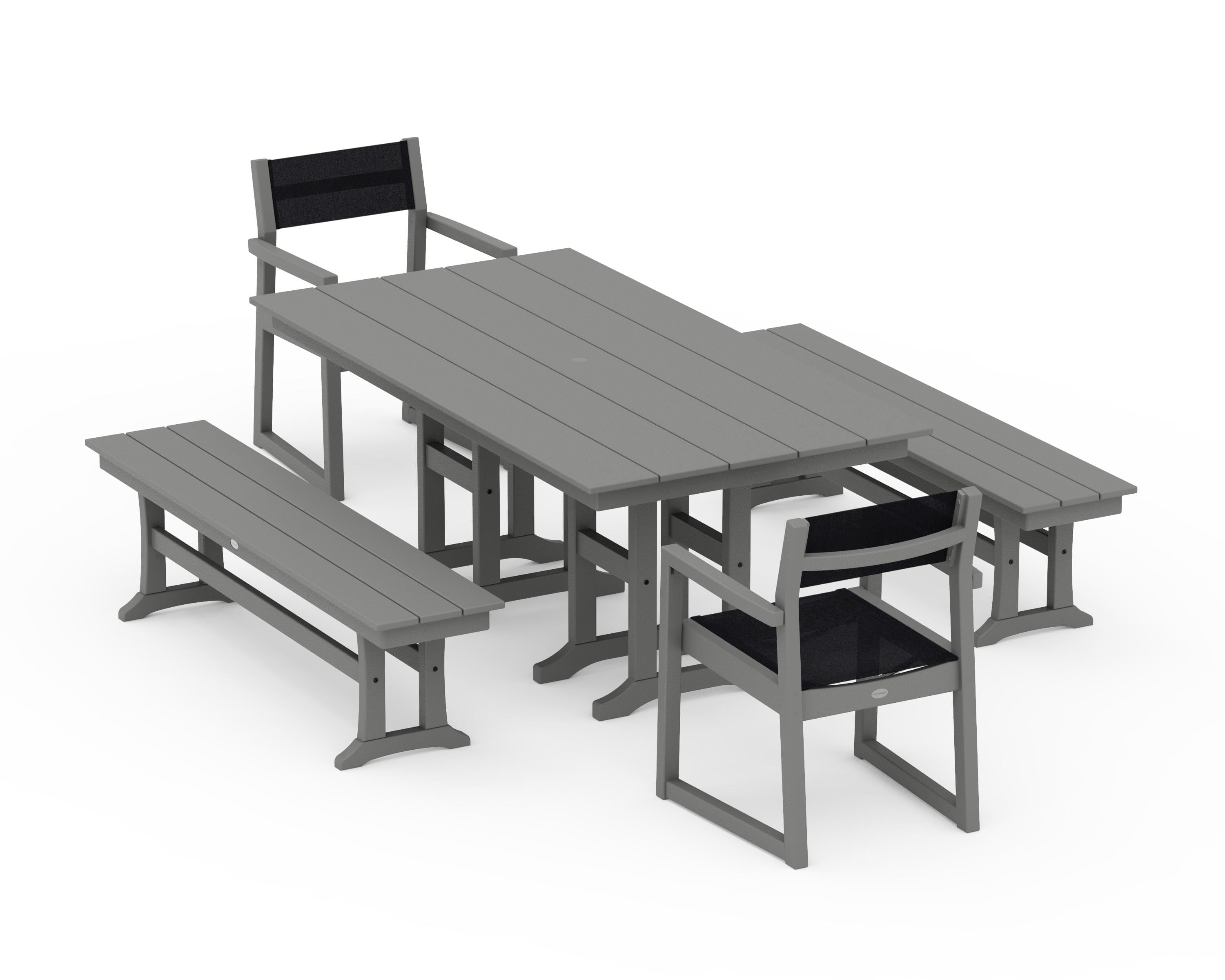 POLYWOOD® EDGE Sling Arm Chair 5-Piece Farmhouse Dining Set with Benches in Slate Grey / Black Sling