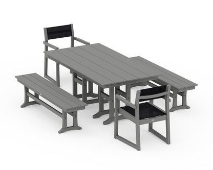 POLYWOOD® EDGE Sling Arm Chair 5-Piece Farmhouse Dining Set with Benches in Slate Grey / Black Sling