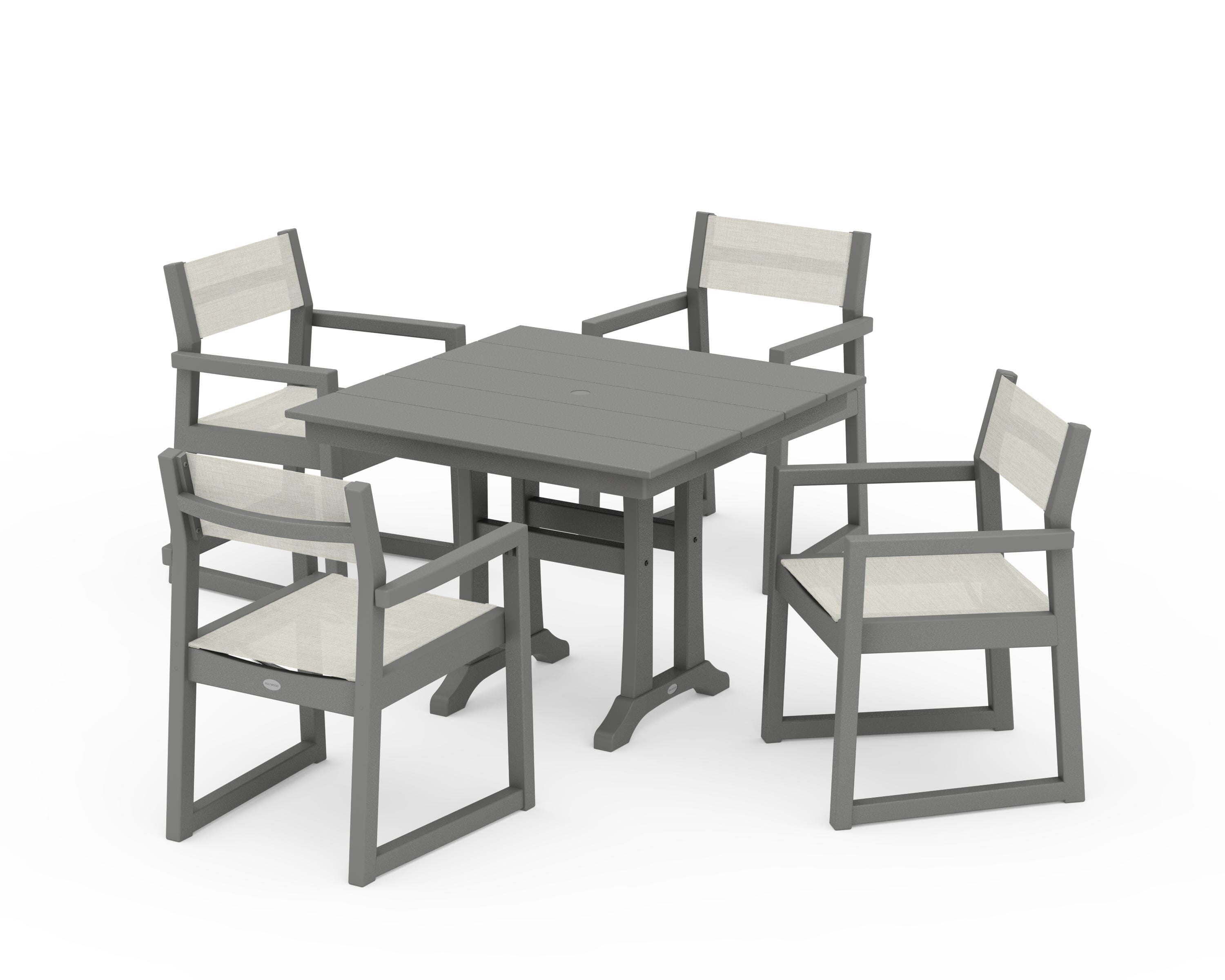 POLYWOOD® EDGE Sling 5-Piece Farmhouse Dining Set with Trestle Legs in Slate Grey / Parchment Sling
